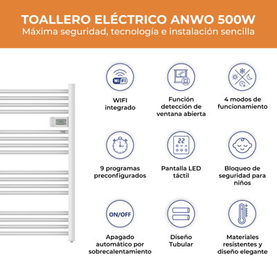 TOALLERO ELÉCTRICO TUBULAR ANWO FL.500 500W C/WIFI